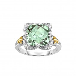 Silver And 18Kt Gold Gem Candy Square Ring With  Green Amethyst And Diamonds