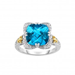 Silver And 18Kt Gold Gem Candy Square Ring With Cushion  Blue Topaz And Diamonds