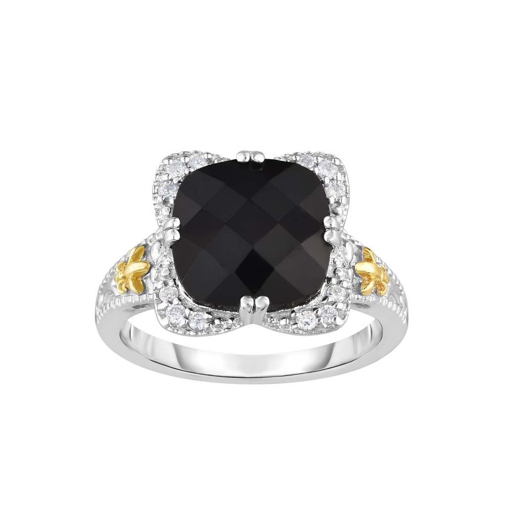 Silver And 18Kt Gold Gem Candy Square Ring With Cushion  Black Onyx And Diamonds