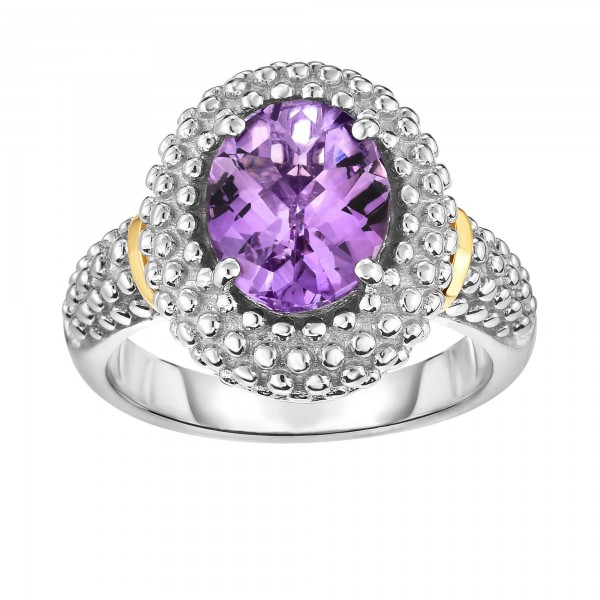 Silver And 18Kt Gold Popcorn Ring With Medium Oval Amethyst