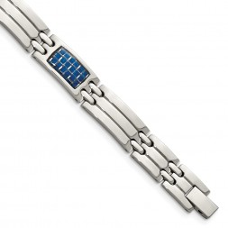 Stainless Steel Polished w/Blue Carbon Fiber Inlay 8.5in Bracelet