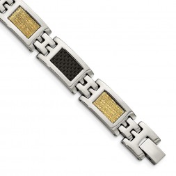 Stainless Steel 8in Polished 14k Gold Filled & Carbon Fiber Inlay Bracelet