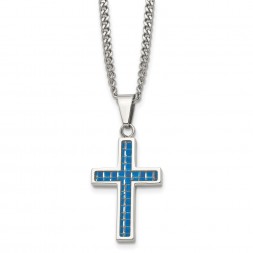 Stainless Steel Polished w/Blue Carbon Fiber Inlay Cross 20in Necklace