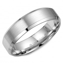 White Gold Wedding Band With A Brushed Center And Beveled Edges