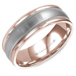 Brushed Rose Gold Wedding Band With White Gold Center And Milgrain Detailing