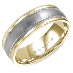 Brushed Yellow Gold Wedding Band With White Gold Center And Milgrain Detailing