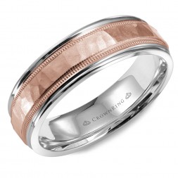 White Gold Wedding Band With Hammered Center, Line And Milgrain Detailing