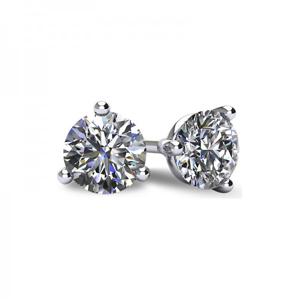 3-PRONG 14K WHITE GOLD MARTINI-STYLE ROUND DIAMOND STUD EARRINGS WITH FRICTION BACKS