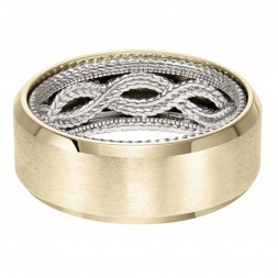 Men's Wedding Band With Rope Pattern And Coin Edge Inside And Flat Profile With Bevel Edge. Available In Multiple White, Yellow And Rose Gold Color Combinations.