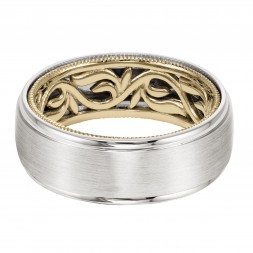 Men's Wedding Band With Vine Pattern And Milgrain Edge Inside And Dome Profile With Round Edge. Available In Multiple White, Yellow And Rose Gold Color Combinations.
