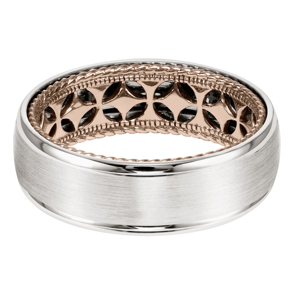 Men's Wedding Band With Diamond Pattern And Rope Edge Inside And Dome Profile With Round Edge. Available In Multiple White, Yellow And Rose Gold Color Combinations.