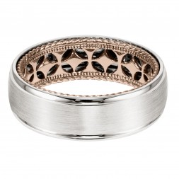 Men's Wedding Band With Diamond Pattern And Rope Edge Inside And Dome Profile With Round Edge. Available In Multiple White, Yellow And Rose Gold Color Combinations.