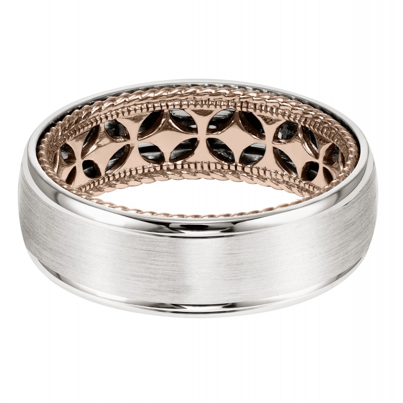 Men's Wedding Band With Diamond Pattern And Rope Edge Inside And Dome Profile With Round Edge. Available In Multiple White, Yellow And Rose Gold Color Combinations.
