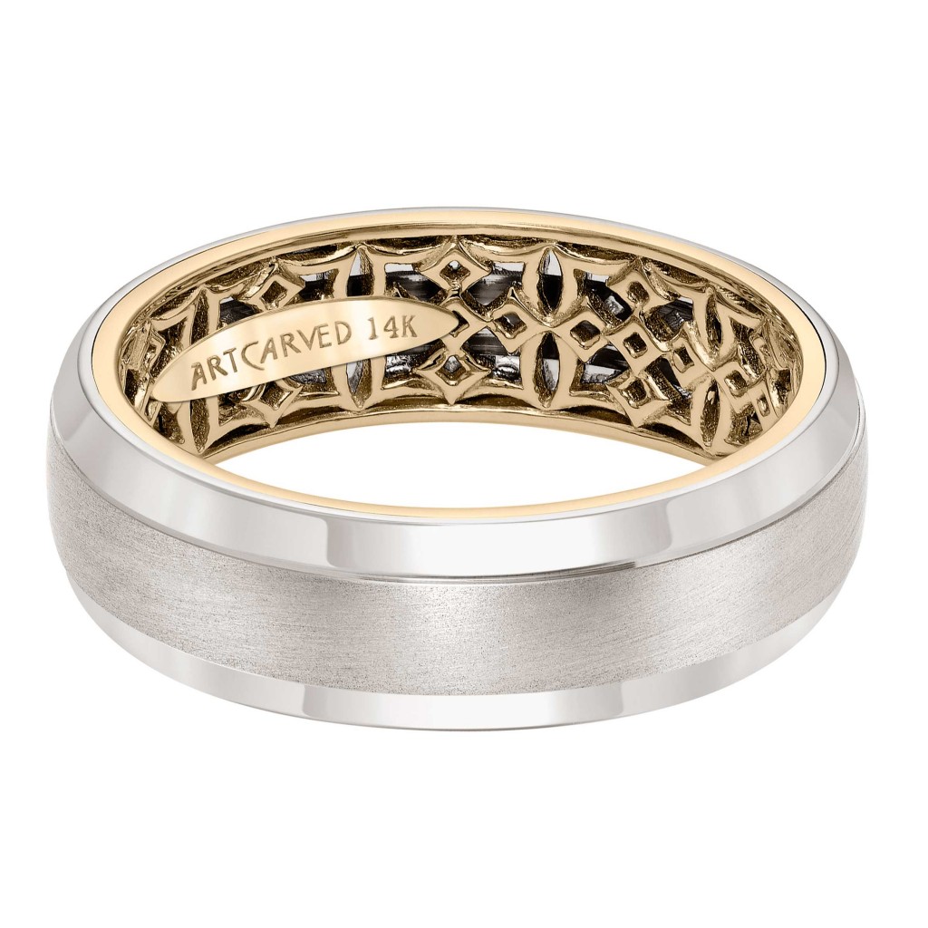 Men's Wedding Band With Geometric Pattern, Satin Finish And Dome Profile And Round Edges