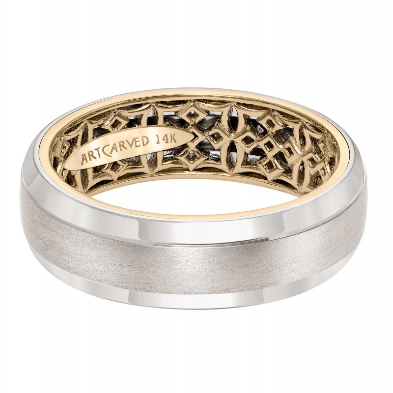 Men's Wedding Band With Geometric Pattern, Satin Finish And Dome Profile And Round Edges