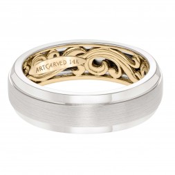 Men's Wedding Band With A Scrollwork Pattern, Satin Finish With Dome Profile And Round Edges