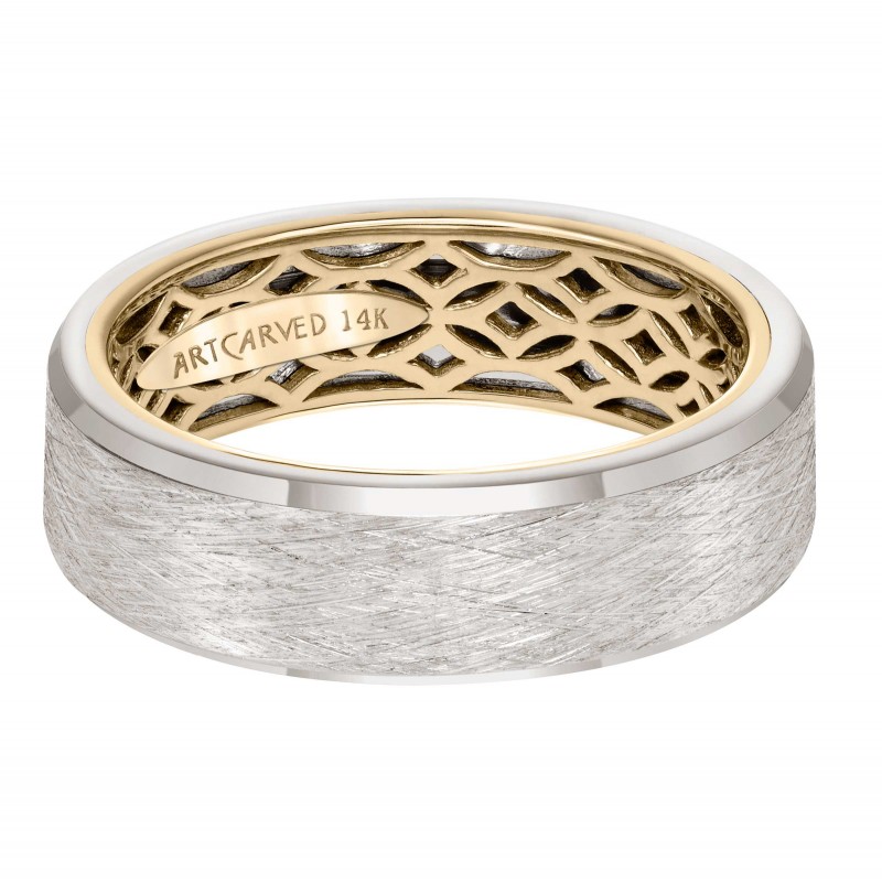 Men's Wedding Band With Geometric Pattern, Wire Finish And Flat Profile With Bevel Edges