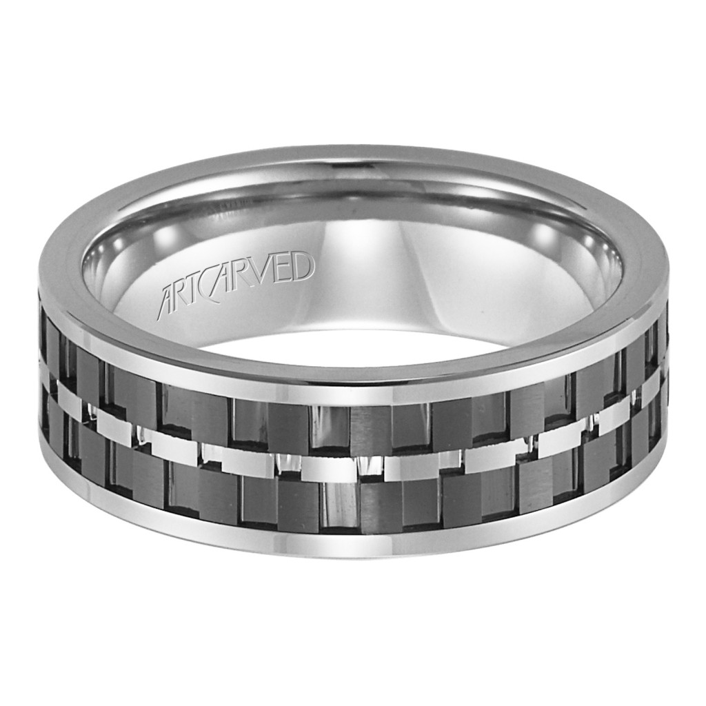 Comfort Fit Tungsten Carbide And Black Ceramic Wedding Band With Modern Matrix Design