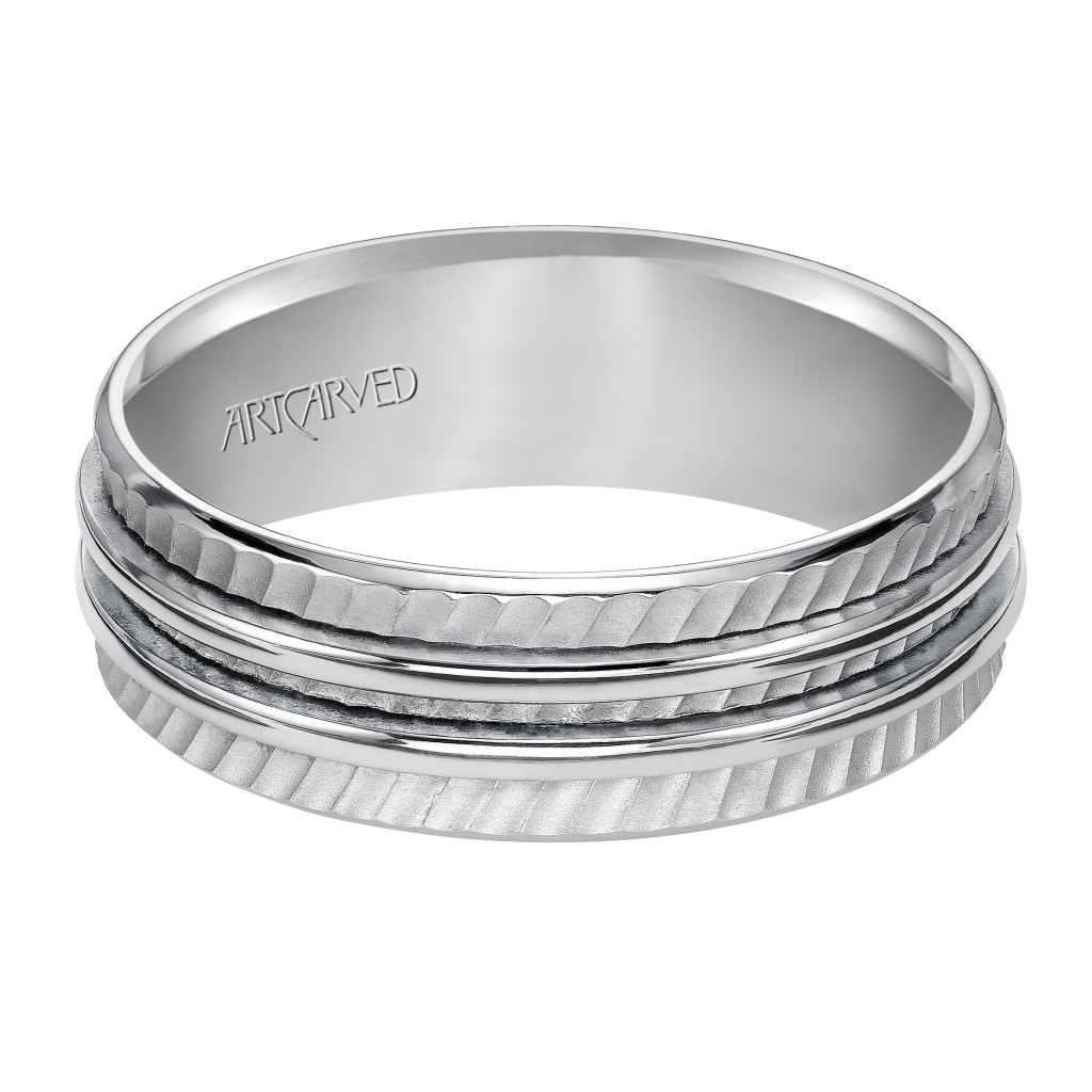 Wedding Band With Diagonal Textural Mate Finish And Two Ridges In The Center