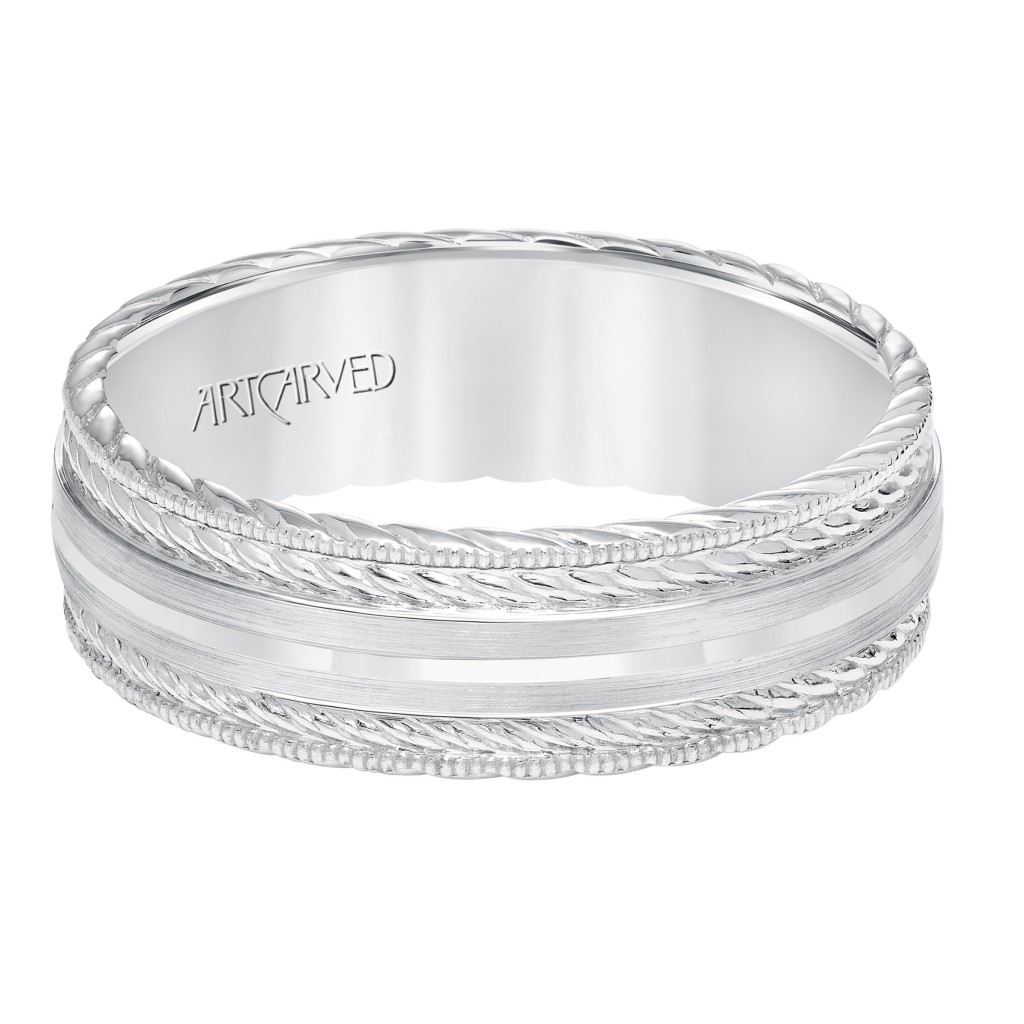 Men's Wedding Band With Satin Finish And Milgrain Edge, Rope Treatment On Top And The Sides With Flat Profile.