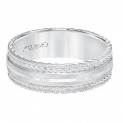 Men's Wedding Band With Satin Finish And Milgrain Edge, Rope Treatment On Top And The Sides With Flat Profile.