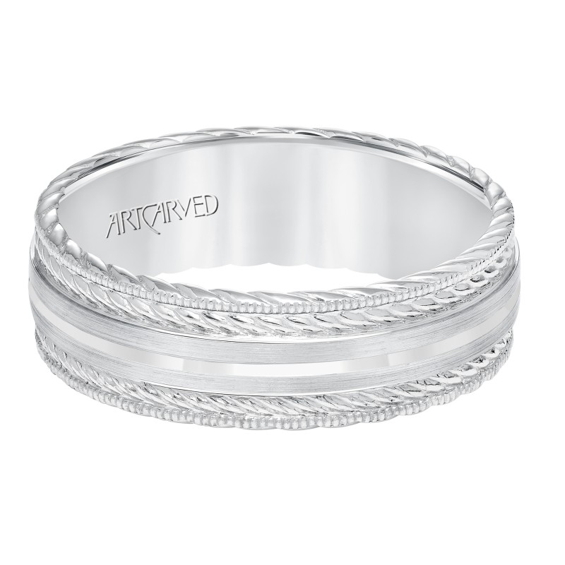 Men's Wedding Band With Satin Finish And Milgrain Edge, Rope Treatment On Top And The Sides With Flat Profile.
