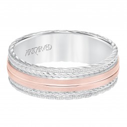 Men's Wedding Band With Satin Finish And Milgrain Edge, Rope Treatment On Top And The Sides With Flat Profile.