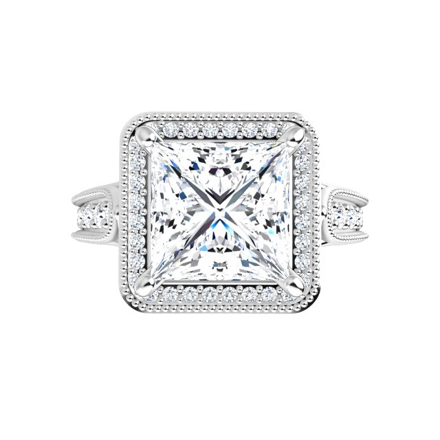 14K White 8x8 mm Square Vintage-Inspired Halo-Style Moissanite Engagement Ring