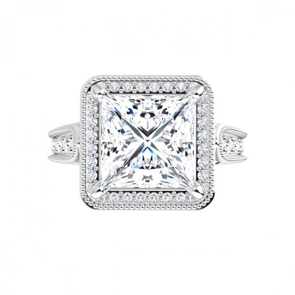 14K White 8x8 mm Square Vintage-Inspired Halo-Style Moissanite Engagement Ring