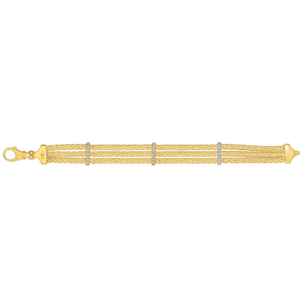 14K Gold  15Mm  Woven Bracelet With 3 Diamond Bar Stations