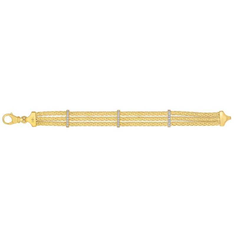 14K Gold  15Mm  Woven Bracelet With 3 Diamond Bar Stations