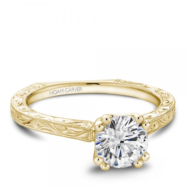 Noam Carver Engraved Yellow Gold Engagement Ring With Round Center Diamond