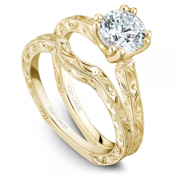 Noam Carver Engraved Yellow Gold Engagement Ring With Round Center Diamond