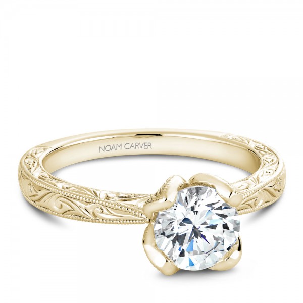 Noam Carver Engraved Yellow Gold Engagement Ring With Round Center Diamond