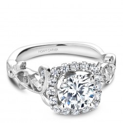 Noam Carver White Gold Engagement Ring With Cushion Halo, 18 Round Diamonds And Detailed Floral Band