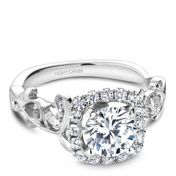 Noam Carver White Gold Engagement Ring With Cushion Halo, 18 Round Diamonds And Detailed Floral Band