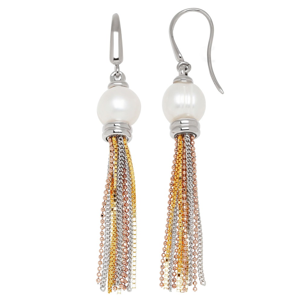 Bronze 8.5-9mm White Freshwater Cultured Pearl with Tri Tone Tassle Earrings