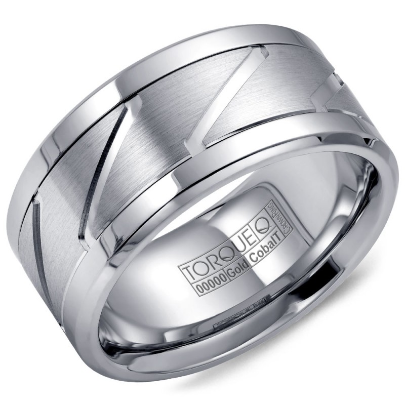 A Torque Ring In White Cobalt With A White Gold Inlay And Carved Detailing.