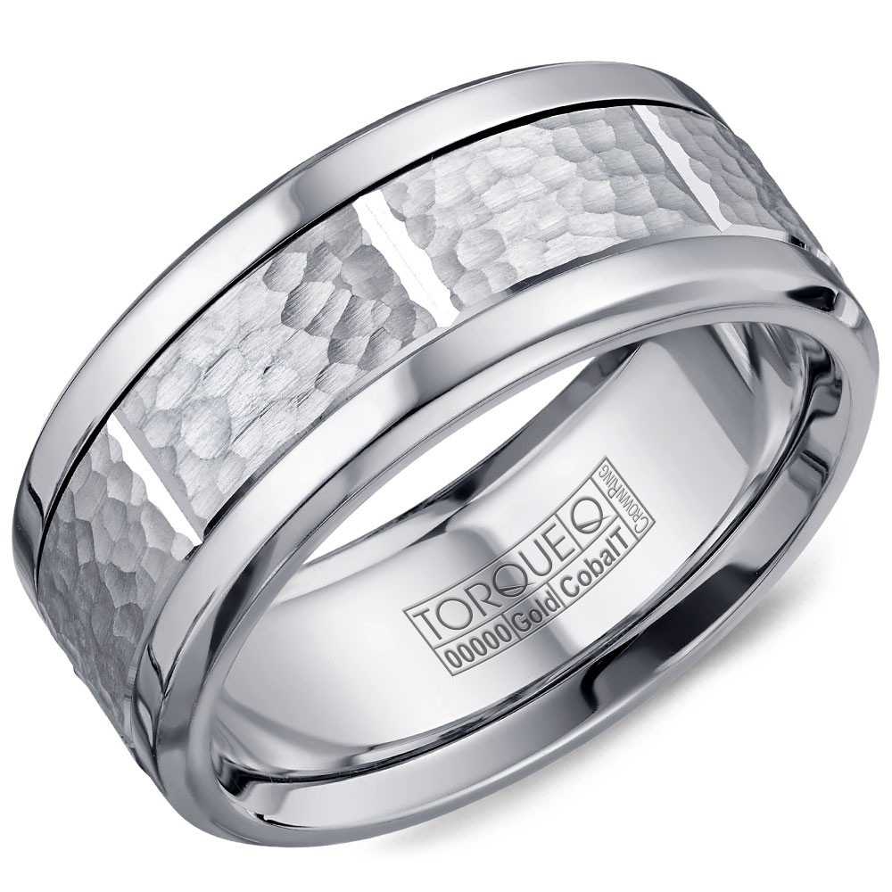 A Torque Ring In White Cobalt With A Hammered White Gold Center And Notch Detailing.