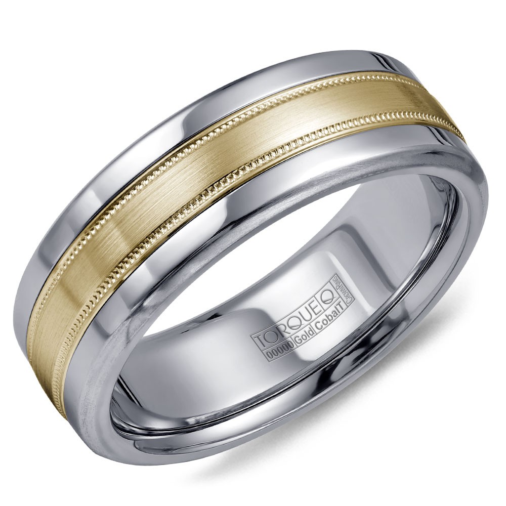 A Torque Ring In White Cobalt With A Brushed Yellow Gold Center And Milgrain Detailing.