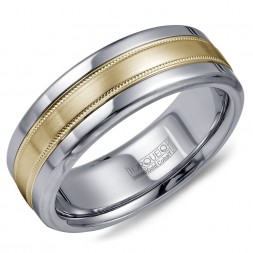 A Torque Ring In White Cobalt With A Brushed Yellow Gold Center And Milgrain Detailing.