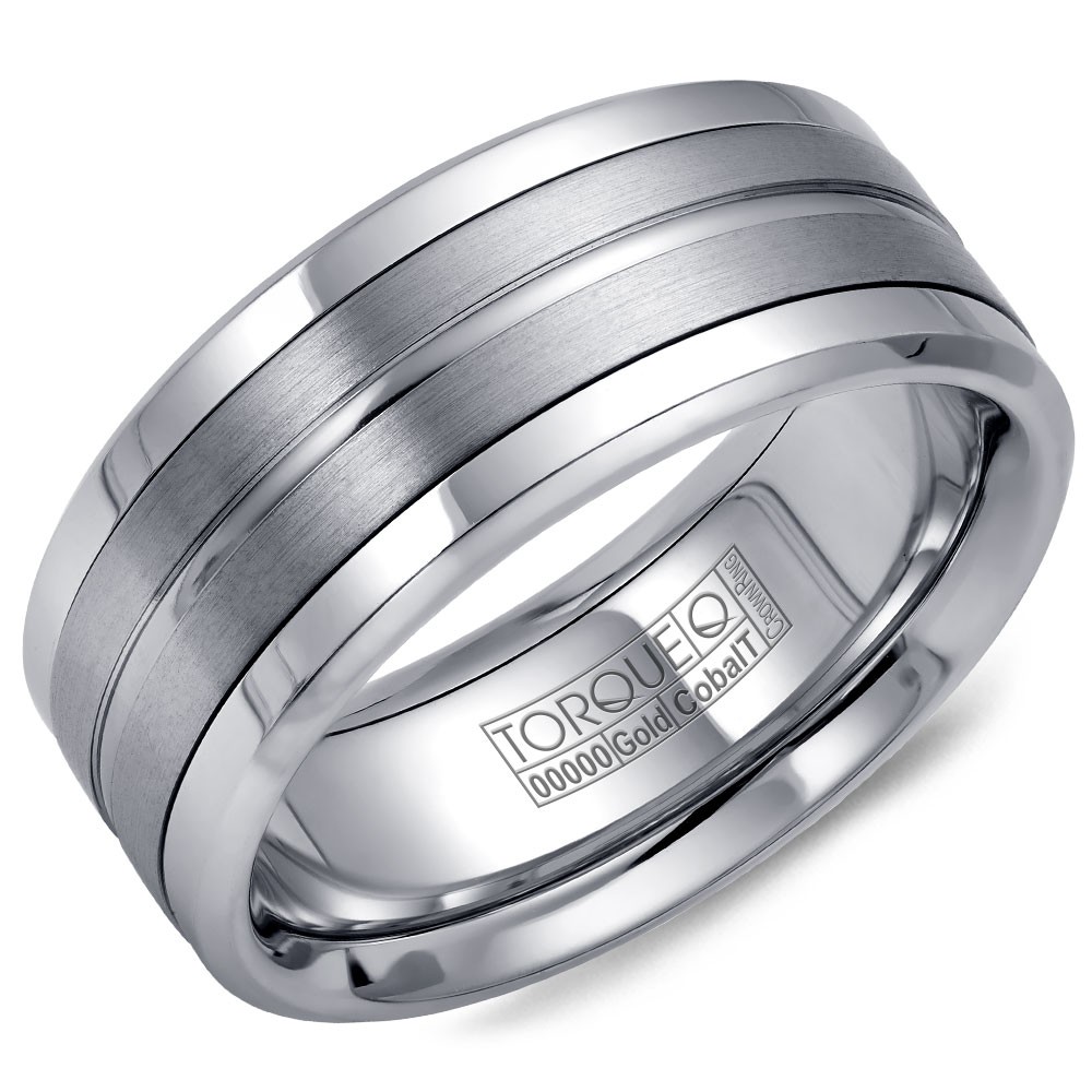 A Torque Ring In White Cobalt With A Brushed White Gold Center And Line Detailing.