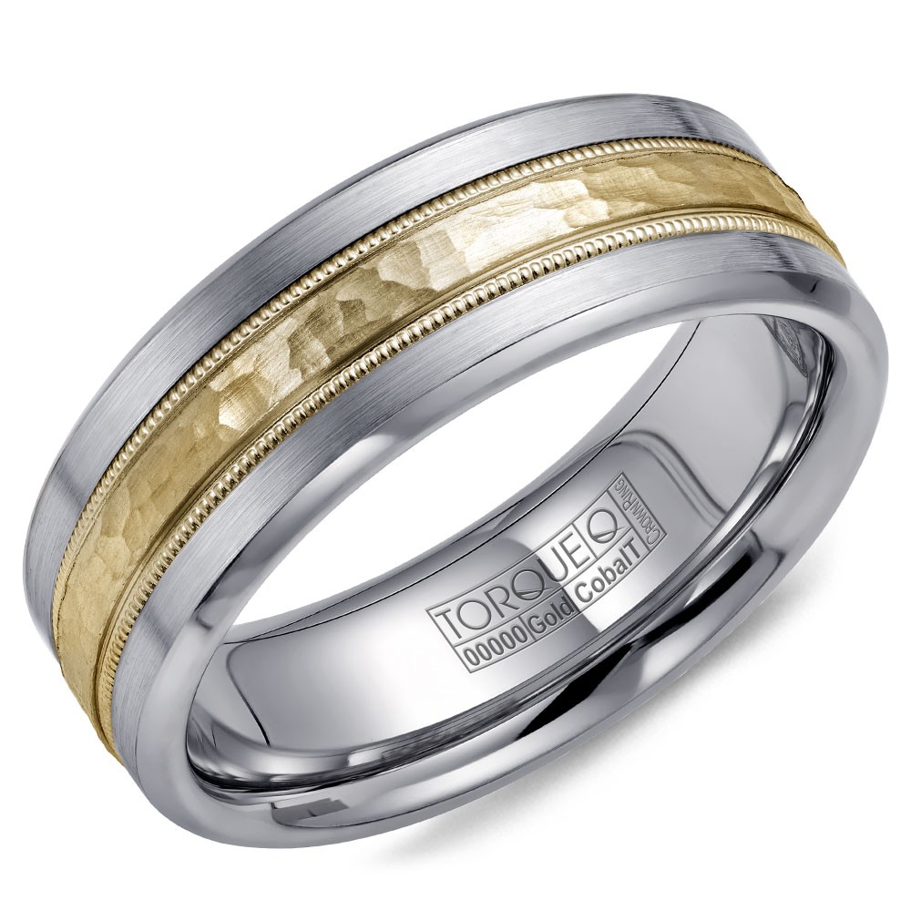 A Torque Ring In White Cobalt With A Hammered Yellow Gold Center And Milgrain Detailing.
