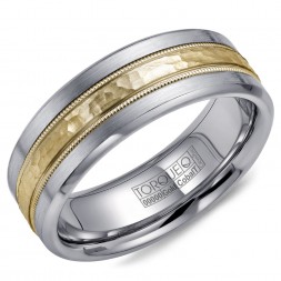 A Torque Ring In White Cobalt With A Hammered Yellow Gold Center And Milgrain Detailing.