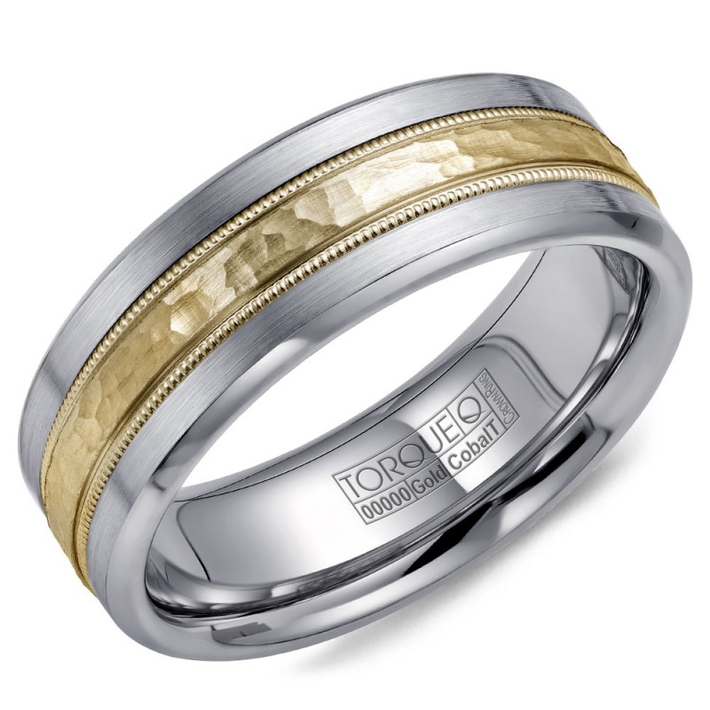 A Torque Ring In White Cobalt With A Hammered Yellow Gold Center And Milgrain Detailing.