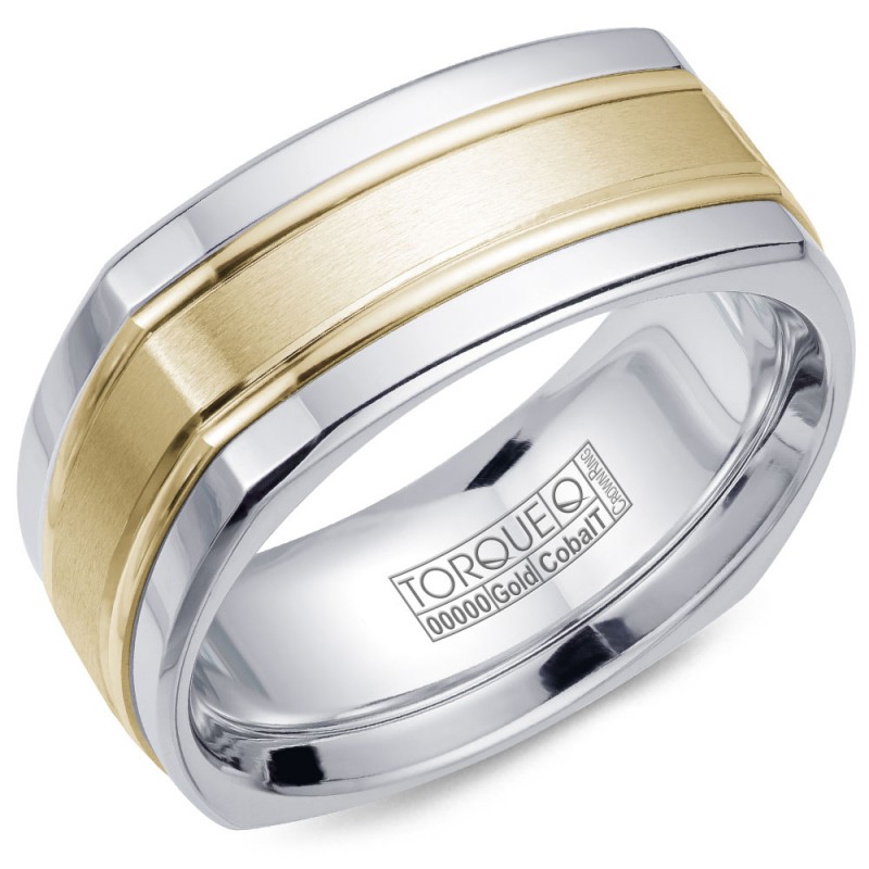 A Torque Ring In White Cobalt With A Yellow Gold Center And Polished Line Detailing.