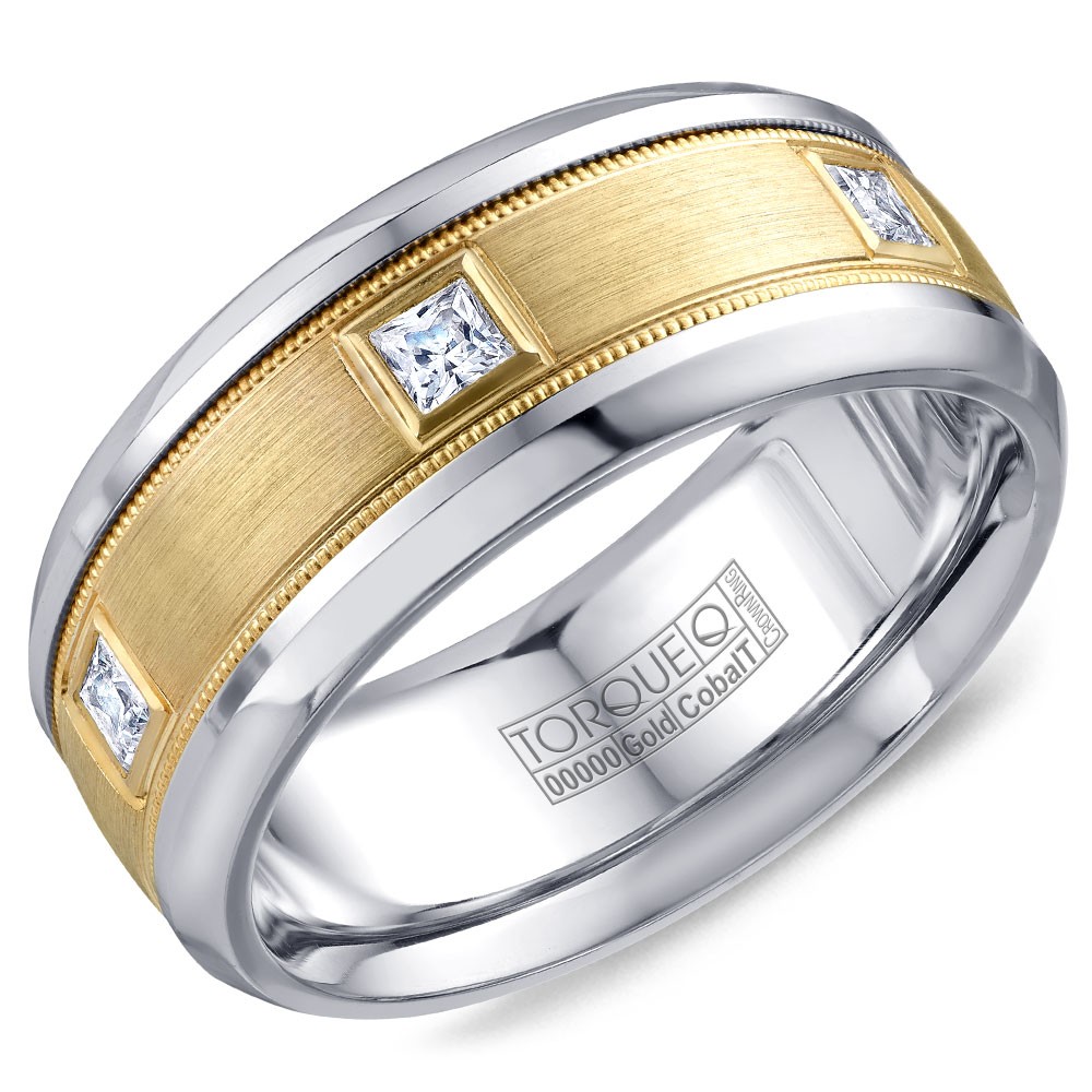 A Torque Ring In White Cobalt With A Yellow Gold Inlay And Eight Diamonds.