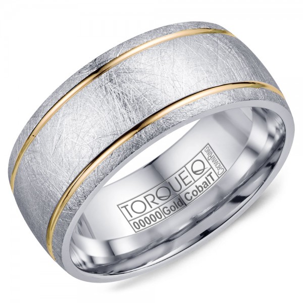 A Torque Ring In Diamond Brushed White Cobalt With Yellow Gold Line Detailing.
