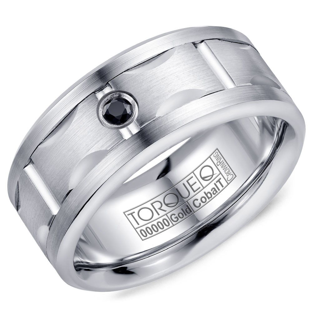 A Torque Ring In White Cobalt With A Carved White Gold Center And A Black Sapphire.