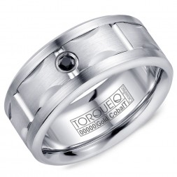 A Torque Ring In White Cobalt With A Carved White Gold Center And A Black Sapphire.